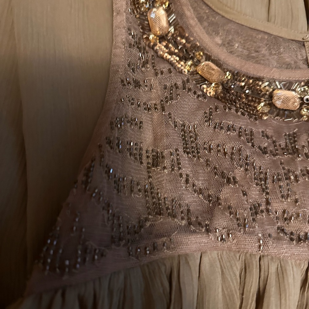 Moulinette Soeurs Anthropologie Dress Beaded Sequins Rhinestones Size 6P Taupe - Picture 4 of 8